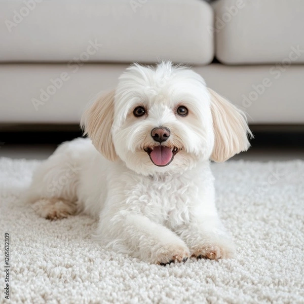 Fototapeta Fluffy White Dog Relaxing on White Carpet in Bright Indoor Setting