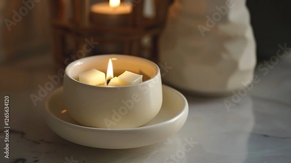 Obraz A white ceramic wax warmer with a tea light candle inside. A small dish on top holds a melting wax cube.