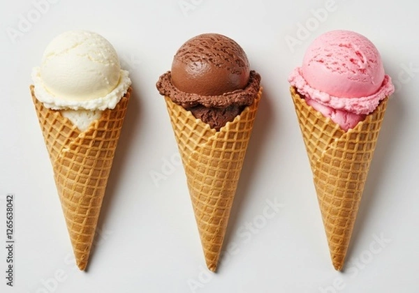 Fototapeta A high-quality photograph of three waffle ice cream cones standing upright on a clean, white background.