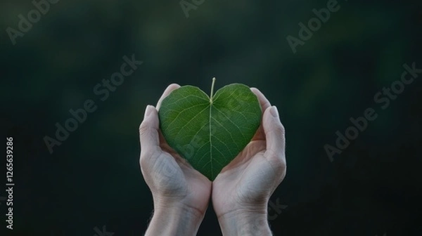 Obraz close-up of hands holding heart-shaped leaf symbolizing care for nature and holistic well-being