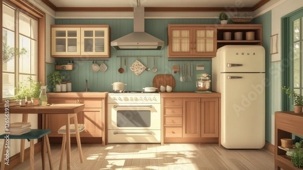 Fototapeta Cozy kitchen features wooden cabinets appliances and natural sunlight