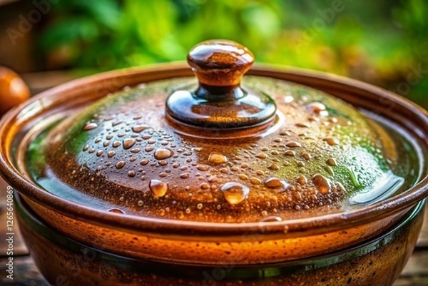 Fototapeta Close-up of a Glass Lid on a Pot, Rustic Kitchen Setting