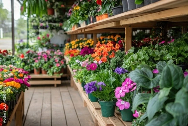 Obraz Vibrant indoor plant nursery with colorful flowers and leafy greens on wooden shelves, sustainable gardening