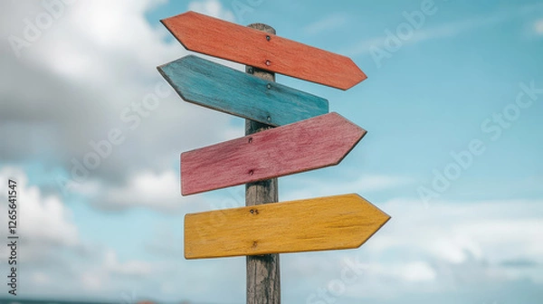 Fototapeta A weathered wooden post topped with brightly painted direction signs points towards different paths under a partly cloudy sky offering a sense of adventure and choice