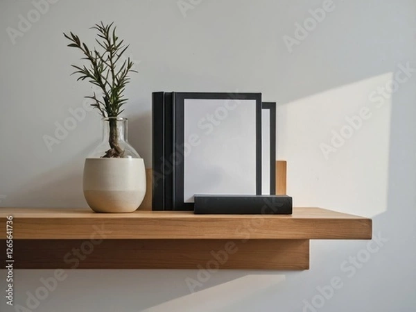 Fototapeta A book placed on a floating wooden shelf against a clean white wall.