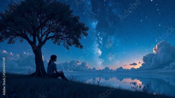 Fototapeta A woman sits under a tree by a lake at night. The sky is dark and filled with stars