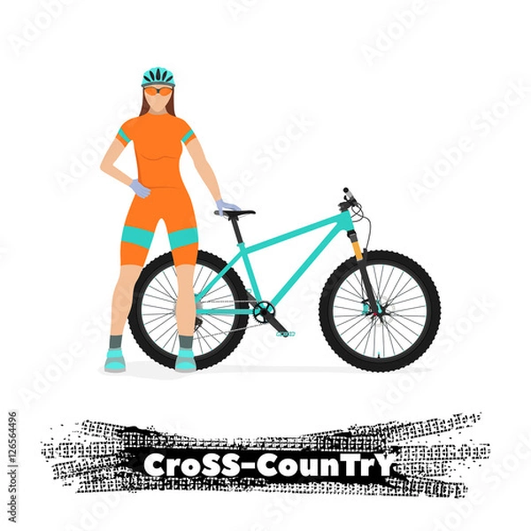 Fototapeta Girl - cyclist with a bicycle on a white background with the word "Cross-Country" below. Equipment and bike for "Cross-Country".