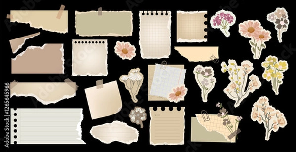 Obraz Old Torn paper notes ,floral stickers Aesthetic collection for scrapbooking, journaling,digital planners, and creative designs,set elements.Retro Notebook Paper Pieces Vector illustration