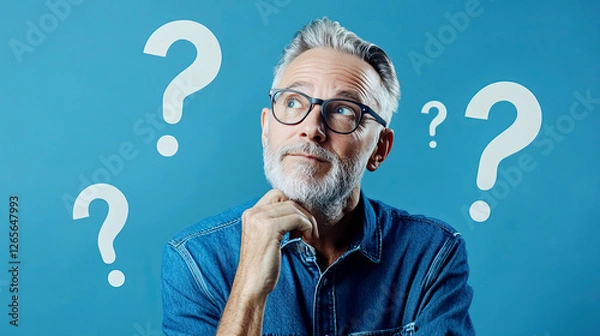 Fototapeta Thoughtful Senior Man in Glasses Thinking with Question Marks on Blue Background