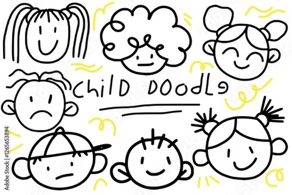 Obraz Funny children drawings - set of abstract messy figures in different face styles and exp. Material for slide shows, presentations and all sorts of prints. Simple hand drawn doodles in black and white.
