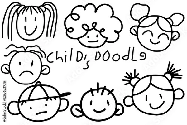 Obraz Funny children drawings - set of abstract messy figures in different face styles and exp. Material for slide shows, presentations and all sorts of prints. Simple hand drawn doodles in black and white.