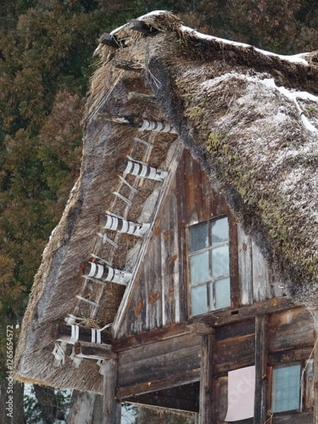 Obraz Traditional Gassho-Zukuri House with Thatched Roof in Shirakawa-go, Japan, Partially Covered in Snow