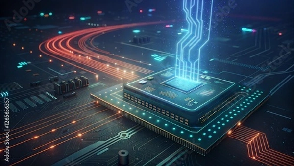 Fototapeta Futuristic microchip emitting glowing circuits in a digital circuitry background