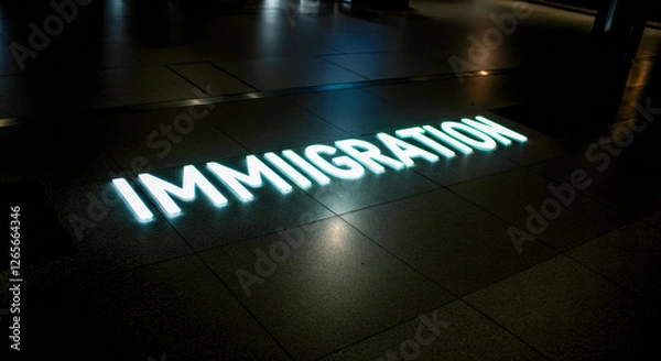 Fototapeta Bright signage for immigration services illuminates a modern airport terminal at night, guiding travelers through the space