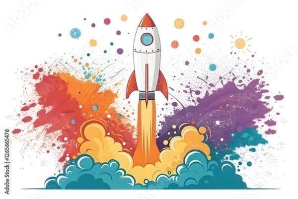 Fototapeta Vibrant Rocket Launch Concept With Colorful Paint Splashes and Creativity