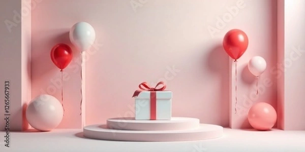 Fototapeta A Festive Display of Balloons and a Gift on a Pink Pedestal