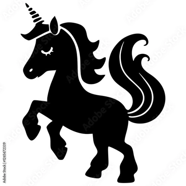 Obraz Cute Unicorn Silhouette Vector Adorable Magical Pony with Flowing Mane and Spiraled Horn Black SVG for Stickers, Decals, Coloring Pages, and Crafting