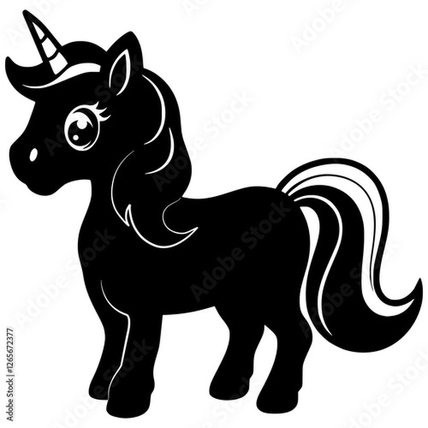 Obraz Cute Unicorn Silhouette Vector Adorable Magical Pony with Flowing Mane and Spiraled Horn Black SVG for Stickers, Decals, Coloring Pages, and Crafting