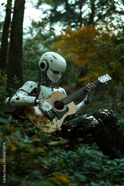 Fototapeta Robot musician playing guitar in the forest; autumn foliage and forest background