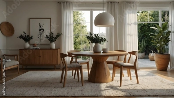 Fototapeta Bright dining room with wooden furniture, round table, sideboard, and natural light