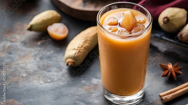 Fototapeta Refreshing Fruit Beverage with Ice and Nuts on Rustic Table