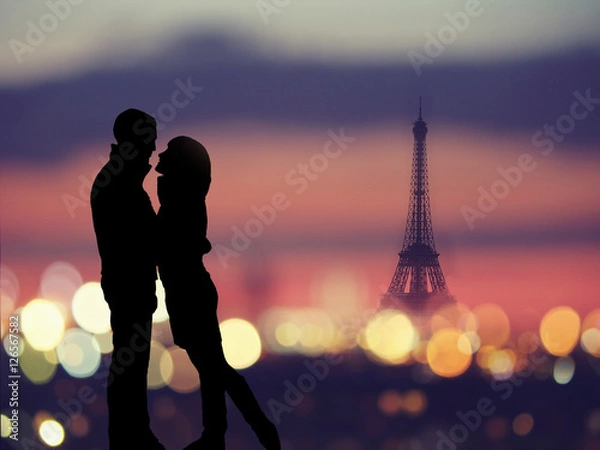 Obraz silhouette of romantic lovers with eiffel tower on a background in Paris , France
