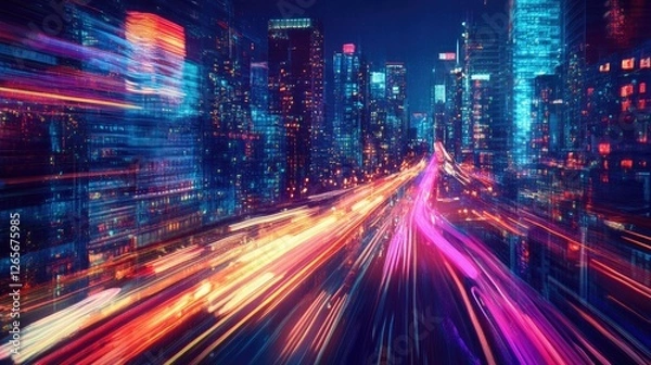 Fototapeta A vibrant cityscape with colorful neon streaks illuminating the streets, evoking speed and motion.