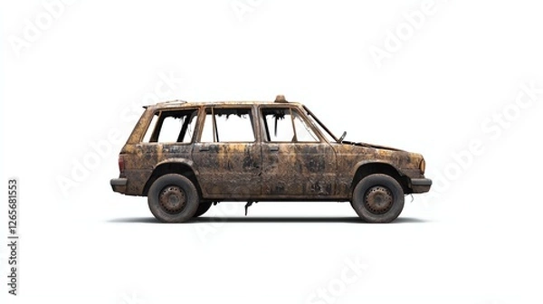 Fototapeta Old, rusty SUV on a white isolated background, showcasing wear and tear, perfect for themes of decay, neglect, or urban exploration.