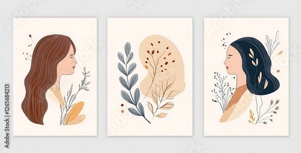 Fototapeta Minimalist line art set featuring three abstract female shapes