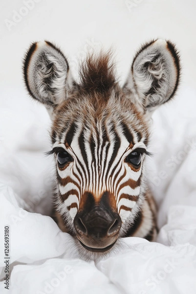 Fototapeta Close-up of a baby zebra peeking out from under a white cover. Funny animal magazine cover. 