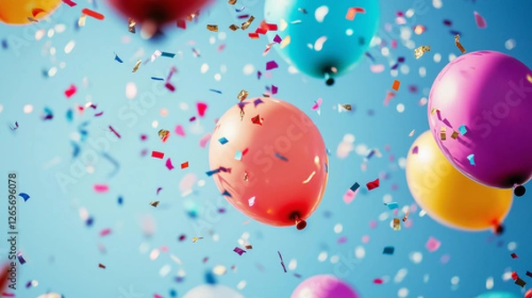 Fototapeta パステルカラーの風船とコンフェッティ