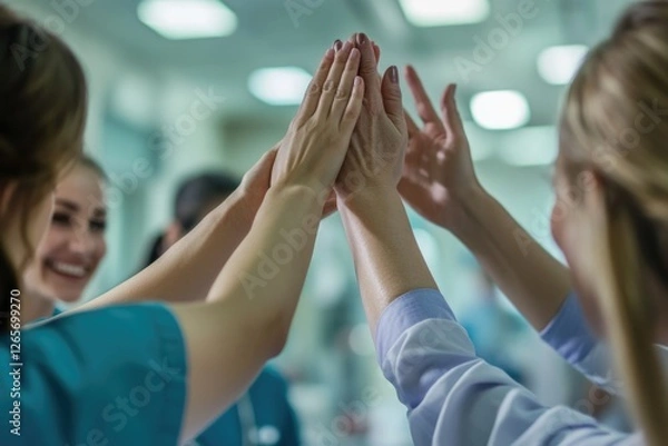 Fototapeta A group of nurses lifting hands in celebration, conveying teamwork and camaraderie