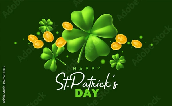 Fototapeta Vector illustration of green clover and leprechaun gold coin with happy saint patricks day word. 3d style design of irish clover and golden coin for st patrick day celebration banner