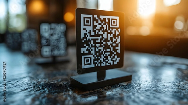Obraz QR codes on table, restaurant interior, sunlight. Menu access, digital ordering