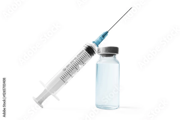 Obraz Medical syringe and glass vial with a metal cap filled with liquid medication or vaccine, antibiotic ampoule isolated on a transparent background