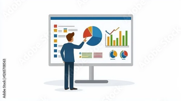 Fototapeta Business Analyst Presenting Data Insights with Colorful Charts on Digital Screen in Office Environment