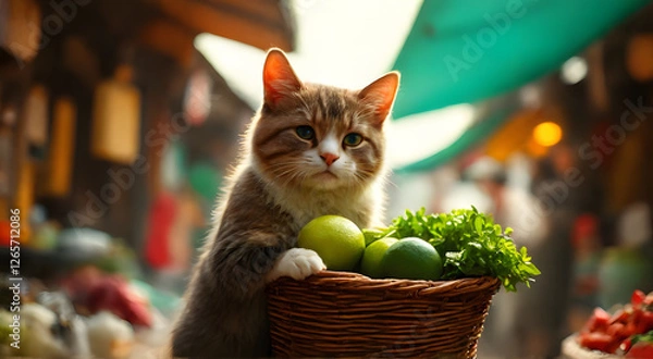 Fototapeta A cat stands holding a basket full of ingredients in a market with colourful stalls under the warm sunlight in a cheerful atmosphere.