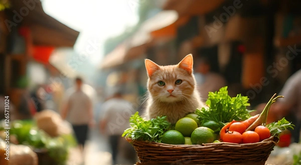 Fototapeta A cat stands holding a basket full of ingredients in a market with colourful stalls under the warm sunlight in a cheerful atmosphere.