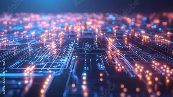 Fototapeta Futuristic Circuit Board Render with Neon Glow Effects