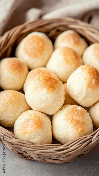 Fototapeta Small golden brown maamoul cookies, a traditional treat for eid al-fitr, are nestled together in a rustic wicker basket, creating a warm and inviting scene of festive indulgence