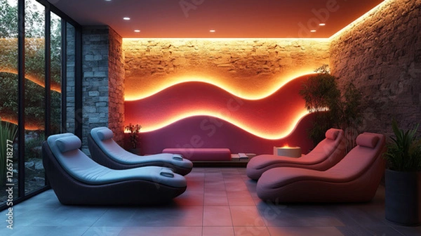 Fototapeta Modern spa lounge with ambient lighting and relaxation chairs