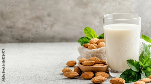 Fototapeta Almond milk in a glass surrounded by fresh almonds, a sprig of mint adds a refreshing, natural touch.