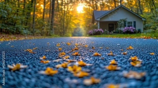 Fototapeta Autumnal driveway leading to a home, sunbeams through trees