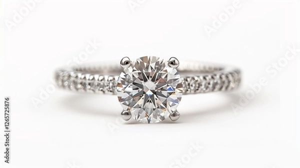Fototapeta A luxury diamond ring with an elegant band, sparkling against a pristine white background. The macro shot enhances the gemstonea??s brilliance.
