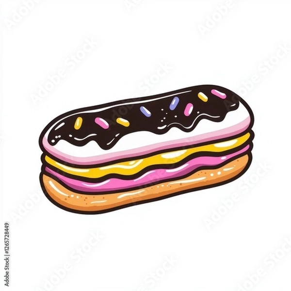 Fototapeta Colorful cream-filled pastry with chocolate icing and sprinkles on a plain background for dessert lovers