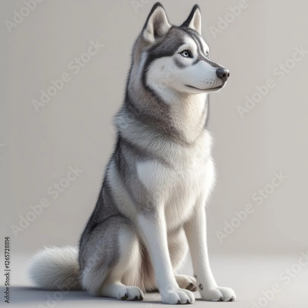 Fototapeta 3D Rendering of a Calm Siberian Husky Sitting in a Neutral Space