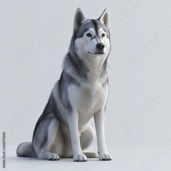 Fototapeta 3D Rendered Siberian Husky Sitting Attentively in Minimalist Style