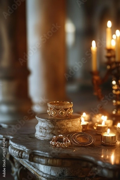 Fototapeta Elegant candlelit marble table with luxurious gold jewelry in opulent setting