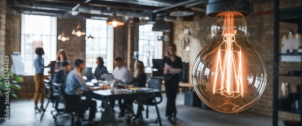 Fototapeta A glowing lightbulb in focus with business professionals discussing and collaborating in a modern industrial-style office, representing teamwork, innovation, and brainstorming.