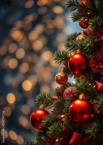 Fototapeta A decorated christmas tree with red and gold ornaments with a bokeh background of twinkling lights bokeh red bokeh abstract background glow design light texture effect sparkle